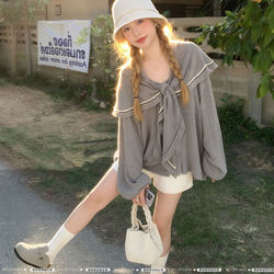 Navy Collar Long-Sleeved Linen Shirt with a Stylish Design, Spring Outfit, Korean Style for Petite Figures, Loose-Fitting Shirt, Doll Collar Top