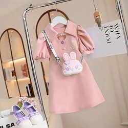 New Stylish and Sweet Summer Dress for Older Children, Fashionable and Cute Puff Sleeve Polo Collar Dress for Girls