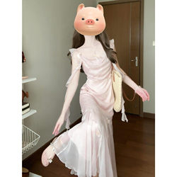 French-Style Flutter-Sleeve Pink Spaghetti Strap Dress for Women, Summer 2026 New Model, Perfect for Seaside Vacations, Stunning and Elegant Long Dress