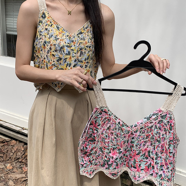 Pink floral suspender vest for women in summer sleeveless dopamine bohemian ethnic short loose top