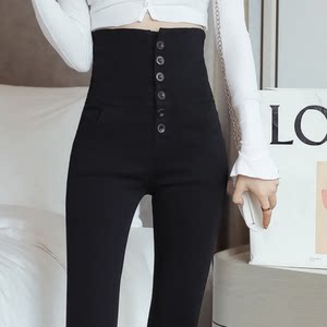 
2025 Super High Waist Six-Button Fashion Small-Fitting Pants Three-Broken Stretch Tight Leggings Black Spring and Summer Pencil Pants