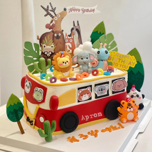 
Cartoon animal cake decoration bus tour around the zoo tiger panda giraffe ornaments children's birthday