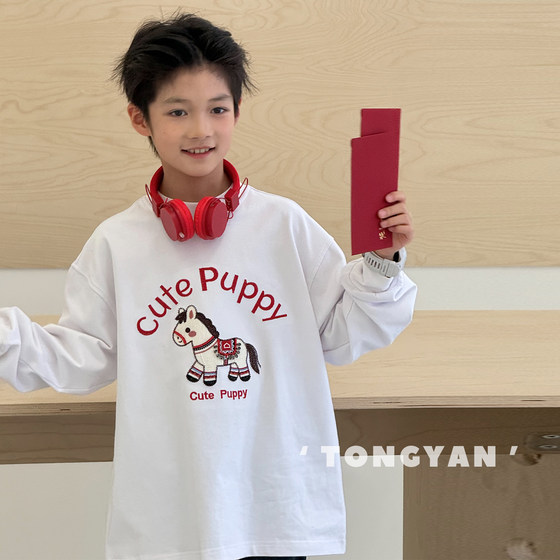
Boys' long-sleeved T-shirt 2026 spring new style limited edition children's pure cotton bottoming shirt for the Year of the Horse, fashionable middle-aged children's top