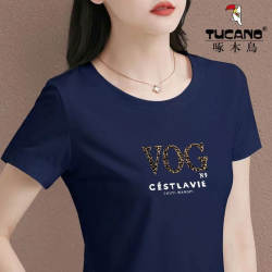 Woodpecker 2026 New Pure Cotton Short-Sleeved T-Shirt for Women, Large Size, Loose, Slimming, Versatile, Casual Printed Shoulder Top