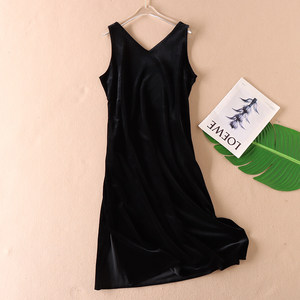 Elegant temperament Spring and autumn gold velvet vest skirt for women, slim V-neck A-line mid-length base dress W1618
