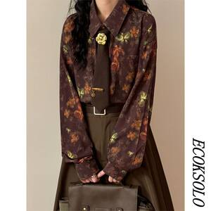 ECOKSOLO 2026 spring Japanese retro floral print shirt men's loose POLO collar long-sleeved trendy top