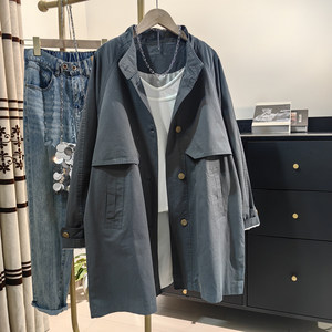 
Gray pure cotton windbreaker jacket for women mid-length 2025 spring new Korean design single-breasted stand-up collar top