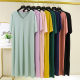 Ice silk V-neck short-sleeved dress for women in summer thin loose nightgown large size slim casual skirt slit base skirt