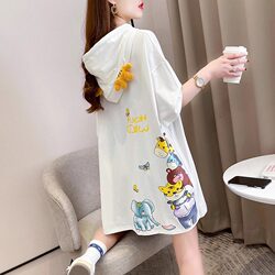 Hooded Short-Sleeved Pure Cotton T-Shirt for Women 2026 Summer European Hot-Selling Loose Hoodie Mid-Length Super Popular Half-Sleeve Top