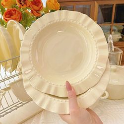 Cream Lace Plate for Home Use, Breakfast Fruit Plate, Salad Plate, Dish Plate, Imitation Ceramic Cream Style Dessert Straw Hat Plate