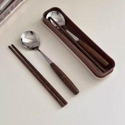 ins Korean Solid Wood Chopsticks and Spoon Set with Portable Storage Box, Vintage High-End Feel, for One Person, Students, Office Workers