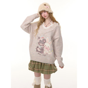 ziziFei autumn and winter American retro design apricot warm and soft waxy bear and rabbit print fur edge V-neck sweater for women