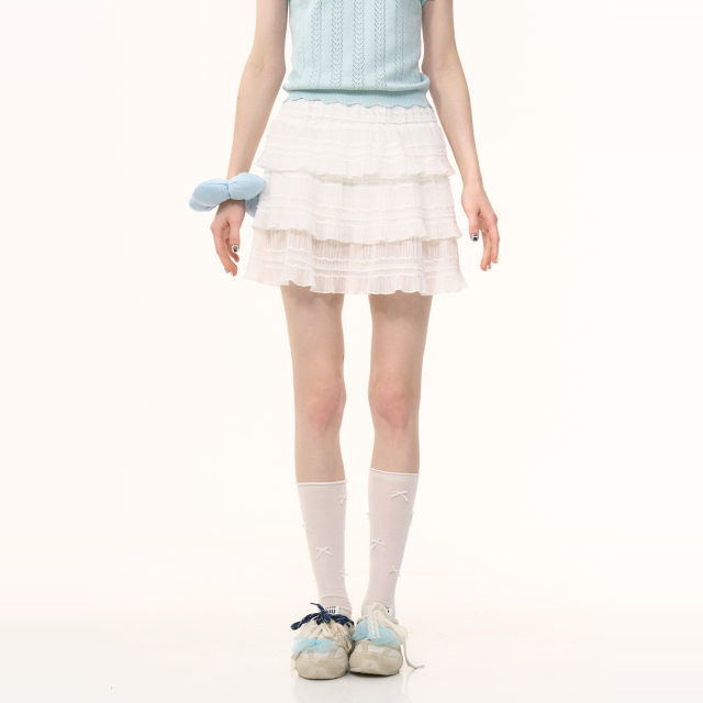 ziziFei summer new American retro a-line high-waist slim white three-layer cake skirt half-body short skirt for women
