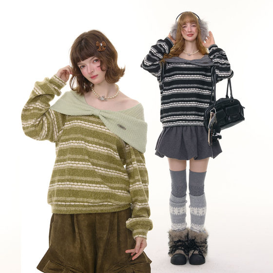 
ziziFei autumn and winter American retro design three-dimensional bow loose slimming top knitted sweater for women