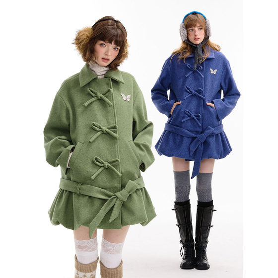 
ziziFei autumn and winter American retro design bow-tie hem mid-length woolen coat for women