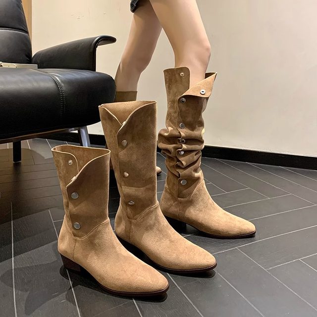 Maillard pointed toe pile boots for women's western cowboy boots 2025 autumn and winter new button high boots thick heel boots