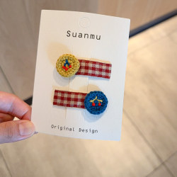 K-Style of Cute Fabric Plaid Baby Bb Clip Toddler Flower Embroider Hairpin Girls Forehead Bangs Broken Hairpin