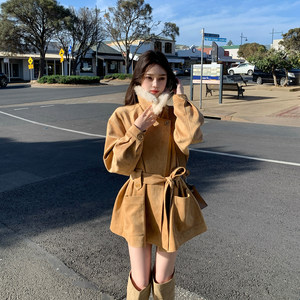 
ByYou Winter Old Money Style Wool Collar Suede Environmentally Friendly Fur Jacket Women's Khaki Velvet Thickened Coat