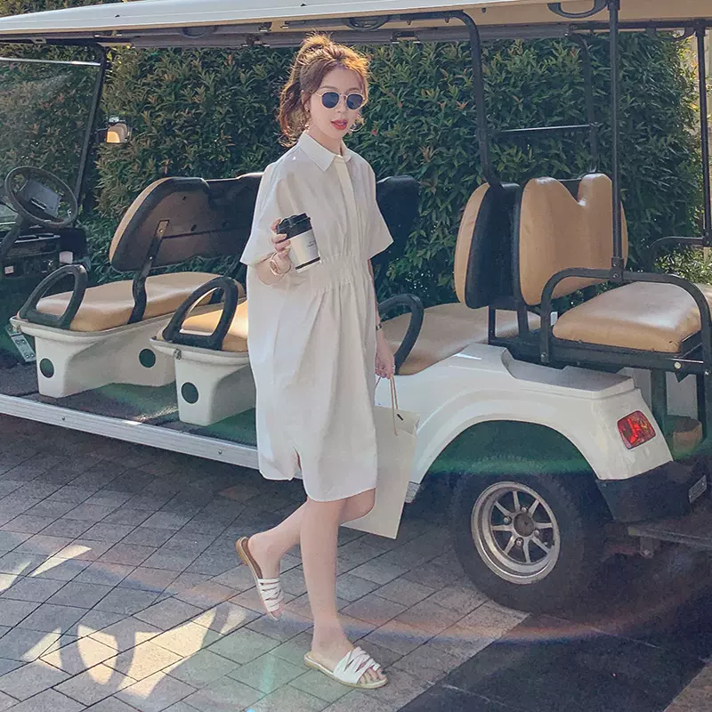 欧洲站高级感白色连衣裙女21夏季新款气质宽松翻领夏天衬衫裙子