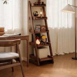 Solid Wood Narrow Bookshelf Floor-Standing Storage Rack for Home Use in the Living Room, Wall-Mounted Integrated Display Rack, Ladder-Shaped Storage Rack, Simple Bookcase