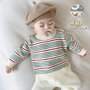 
Korean-style infant and toddler fashion autumn and winter baby clothes striped knitted boy and girl round neck children's sweater base shirt