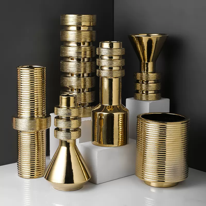 Ins北欧轻奢金色花瓶摆件电镀螺丝客厅装饰陶瓷花器网红落地花器 Taobao