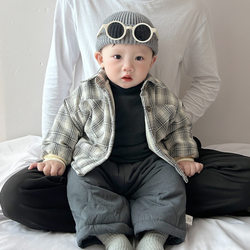 Baby Boy's Fleece-Lined Plaid Cotton Jacket Winter Outfit Infant Trendy Retro Clothing Thickened Padded Pants Set