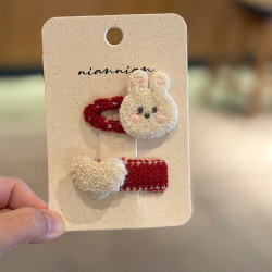 Children's New Year Red Cute Plush Bunny Hair Clip for Little Girls, Cartoon Side Clip, Autumn and Winter Sweet Bangs Clip Hair Accessory