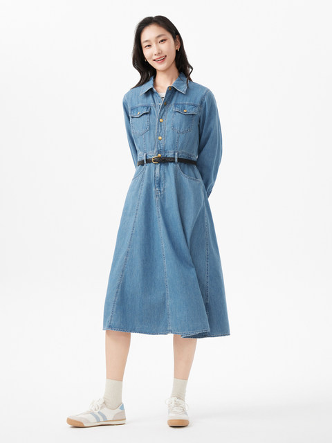 Hot air denim dress Spring 2025 new women's lapel denim long skirt ...