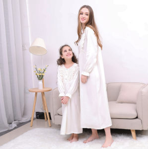 Spring and autumn mothers and daughter parent -child pure cotton white ladies girl children children's clothing princess court pajamas and night skirt home clothes