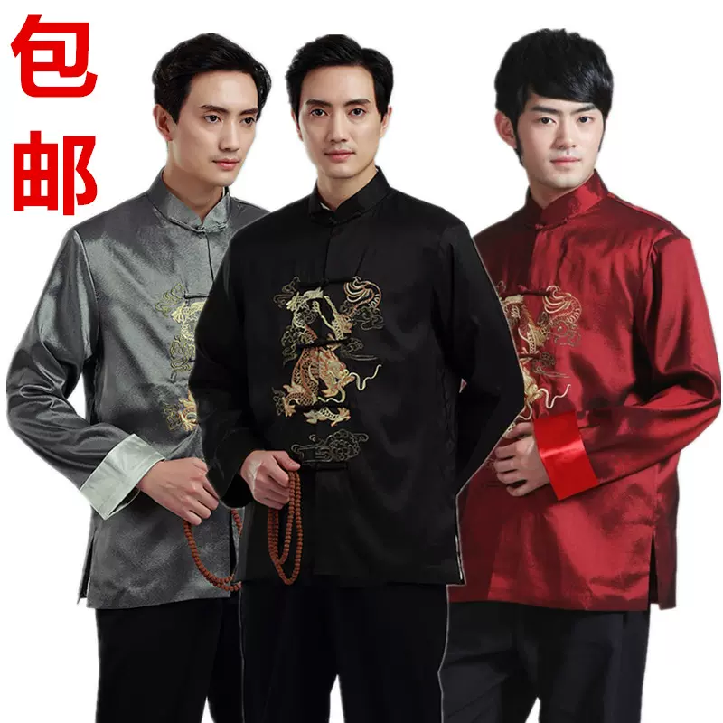 22年新款中年男士唐装绣龙长袖上衣中华立领男外套