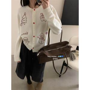 
European goods 2025 Christmas style cartoon embroidered round neck long sleeves colorful buttons casual comfortable and elegant pullover sweater trend