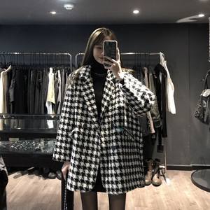 Mao woolen jacket female small autumn and winter Korean version of the loose and thickened cotton medium -to -long all -match all thousands of bird grid coats
