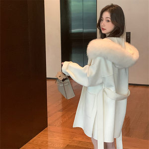
Snow Queen 25 autumn and winter new style fox fur collar hooded premium double-sided cashmere coat mid-length woolen coat for women