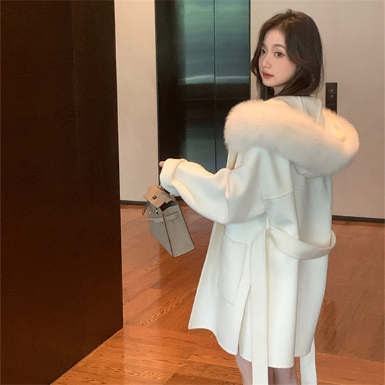 
Snow Queen 25 autumn and winter new style fox fur collar hooded premium double-sided cashmere coat mid-length woolen coat for women