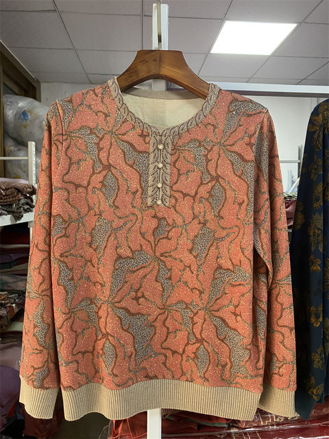 Middle-aged and elderly jacquard T-shirt mothers spring and autumn clothes large size round neck thin silk long sleeve knitted base shirt top for women