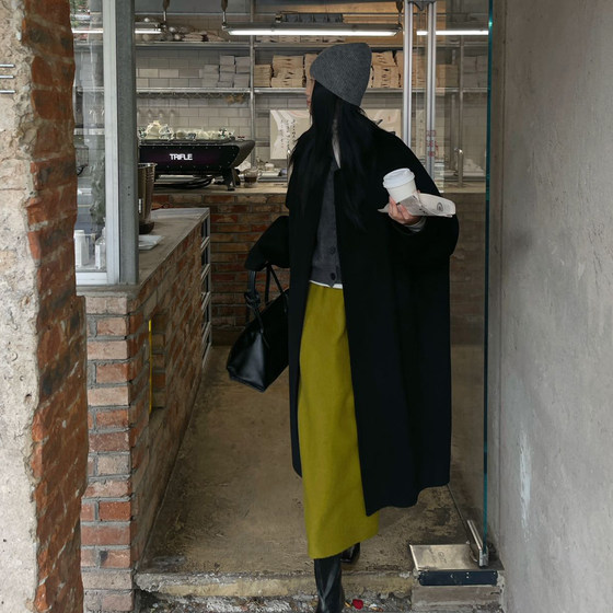 
PURITYYH black double-sided woolen coat for women winter Korean style premium lapel mid-length alpaca coat