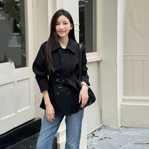 
Light cloth tone spring and autumn temperament lapel long sleeve black short windbreaker jacket for women waistband strap casual short cardigan trendy