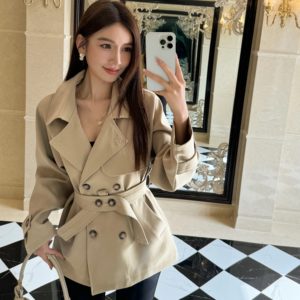 Light cloth adjust spring and autumn temperament lapel long-sleeved short windbreaker jacket for women waistband strap casual short cardigan top trendy