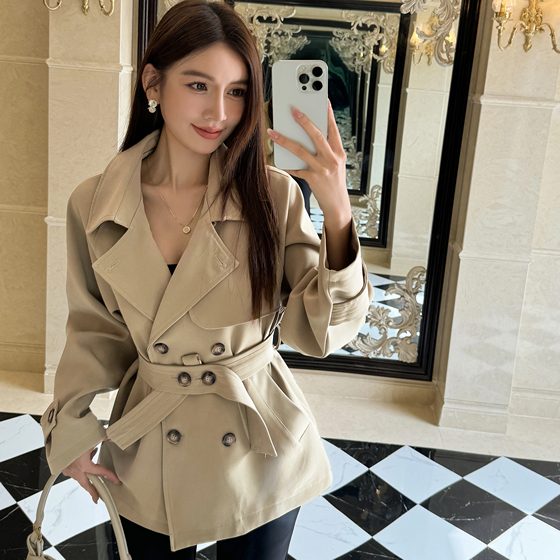 Light cloth adjust spring and autumn temperament lapel long-sleeved short windbreaker jacket for women waistband strap casual short cardigan top trendy