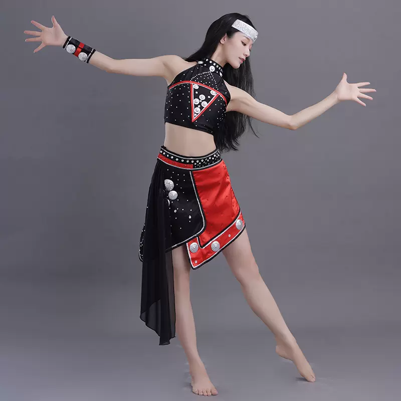 新款佤族云南成人儿童女装甩发舞蹈服民族风舞台服演出服装