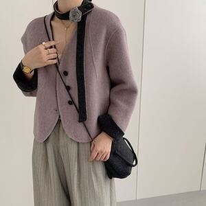 
European Station 2026 Spring and Autumn New V-neck Ribbon Flower Double-sided Cashmere Coat Short Wool Woolen Coat Trendy