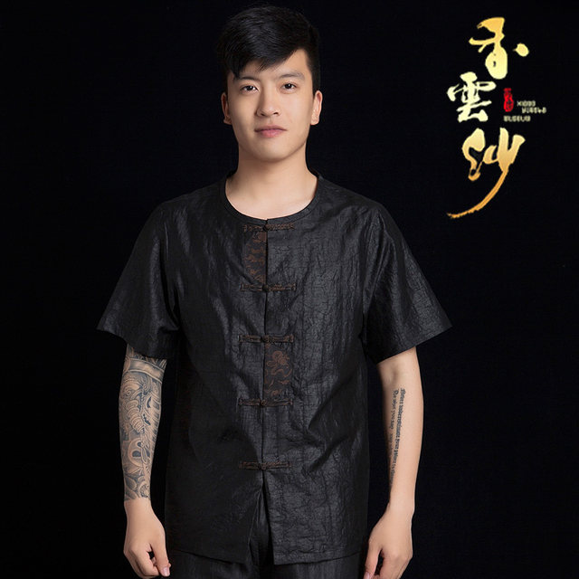 Men's Asian Style Linen T-Shirt - Round Buckle Short Sleeve, Loose Fit, Kimono Inspired, Gray Blue, Size L - View #8