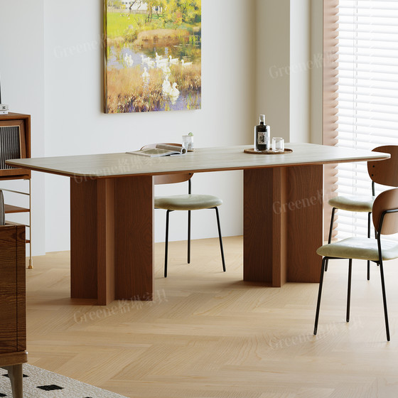 
Medieval style solid wood slate dining table and chairs, strange style dining table, household small apartment modern rectangular slate dining table