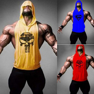 New bodybuilding and fitness men's tank top, sleeveless t-shirt, hooded camisole, trendy men's summer hooded wide shoulder cotton cardigan