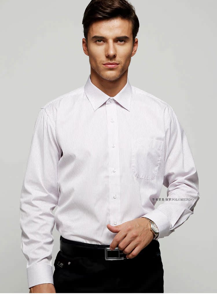 英国保罗polo高棉加密cvc男士长袖衬衫 商务正装白色条纹免烫衬衣