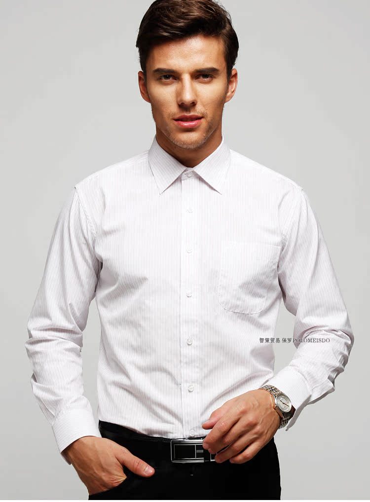 英国保罗polo高棉加密cvc男士长袖衬衫 商务正装白色条纹免烫衬衣