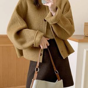 
Round neck short double-sided wool coat for women 2025 winter Korean style loose temperament small fragrance style woolen coat Korean style