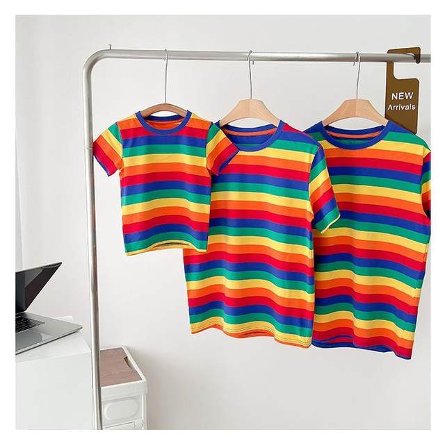 Cotton parent-child dress rainbow striped t-shirt summer student class ...