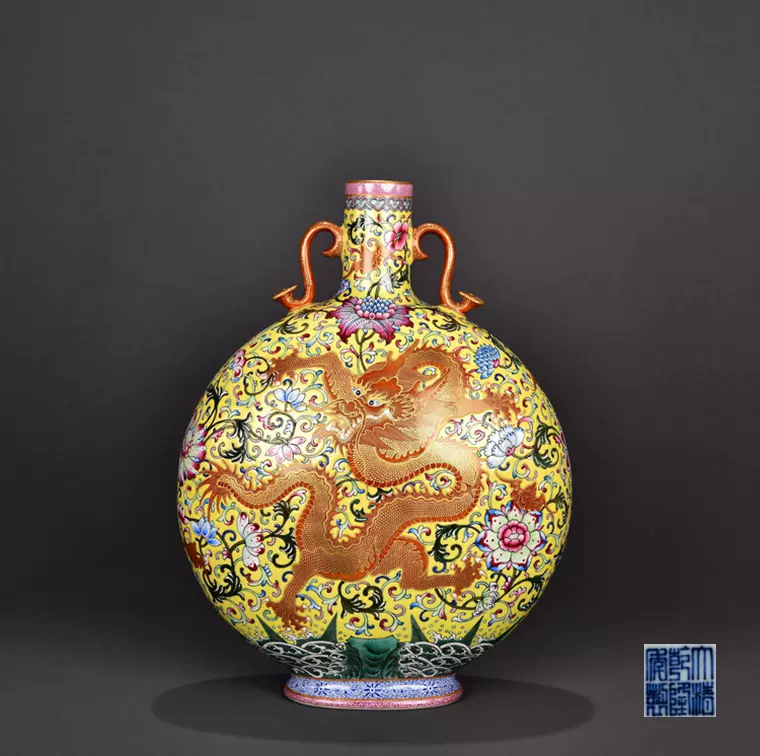 清乾隆黄地粉彩鎏金缠枝花卉龙纹如意耳扁瓶古玩古董老瓷器收藏-Taobao
